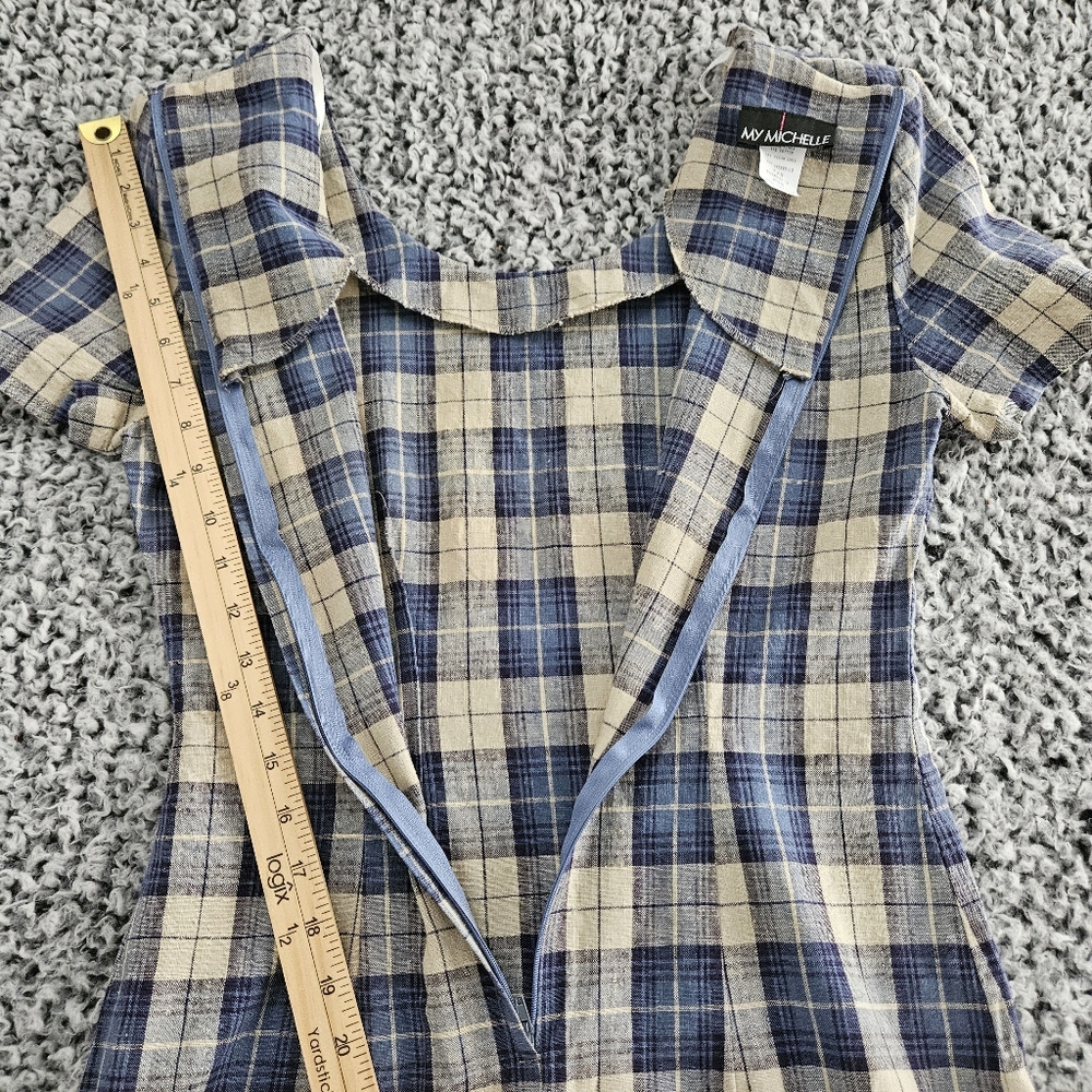 Vintage 90s My Michelle Blue Plaid Mini Dress 7/8 XS Short Sleeve Linen Grunge - Picture 14 of 14